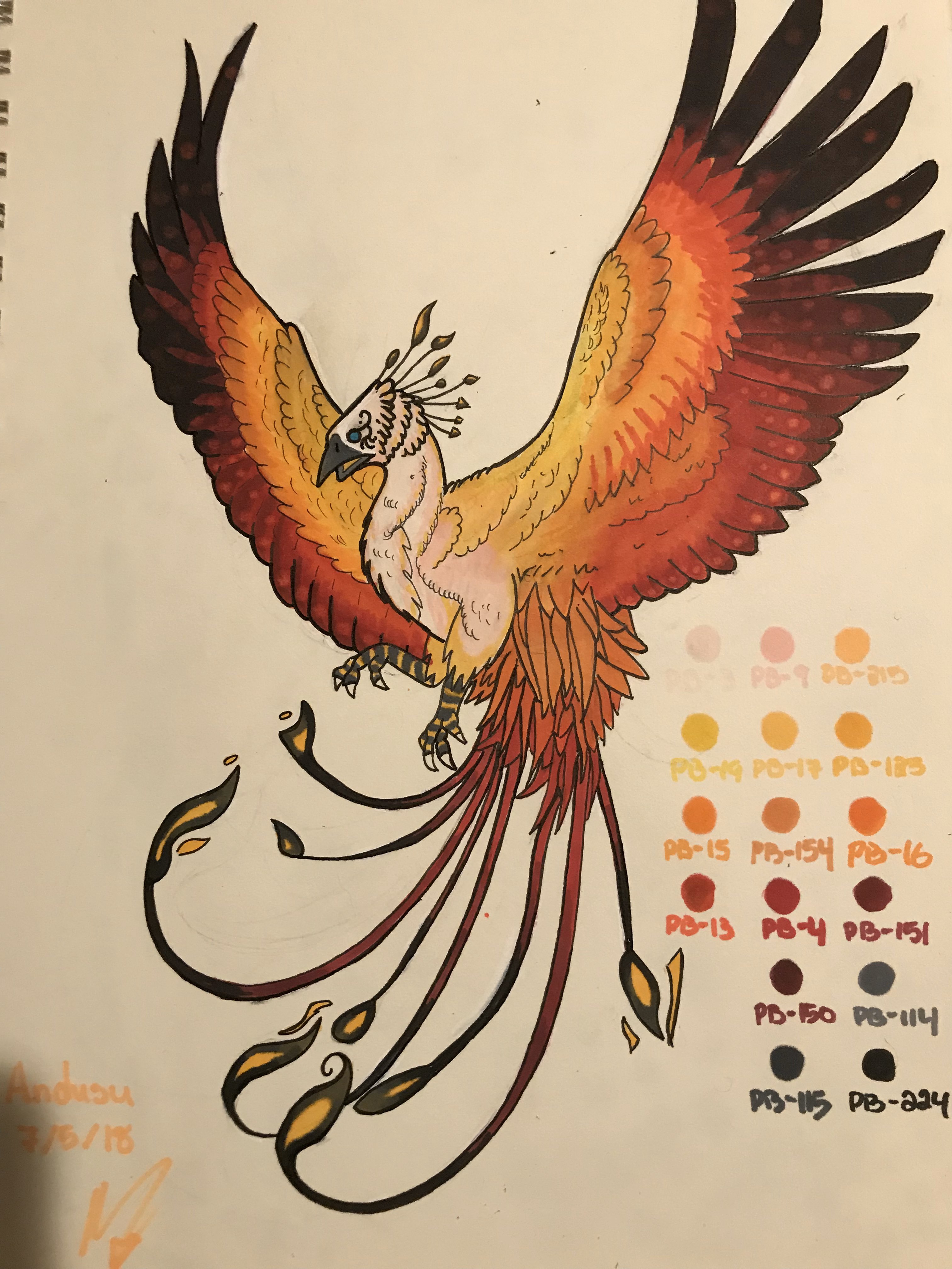 A picture from Dracnic's sketchbook with an orange phoenix like creature in it, created by Dracnic.