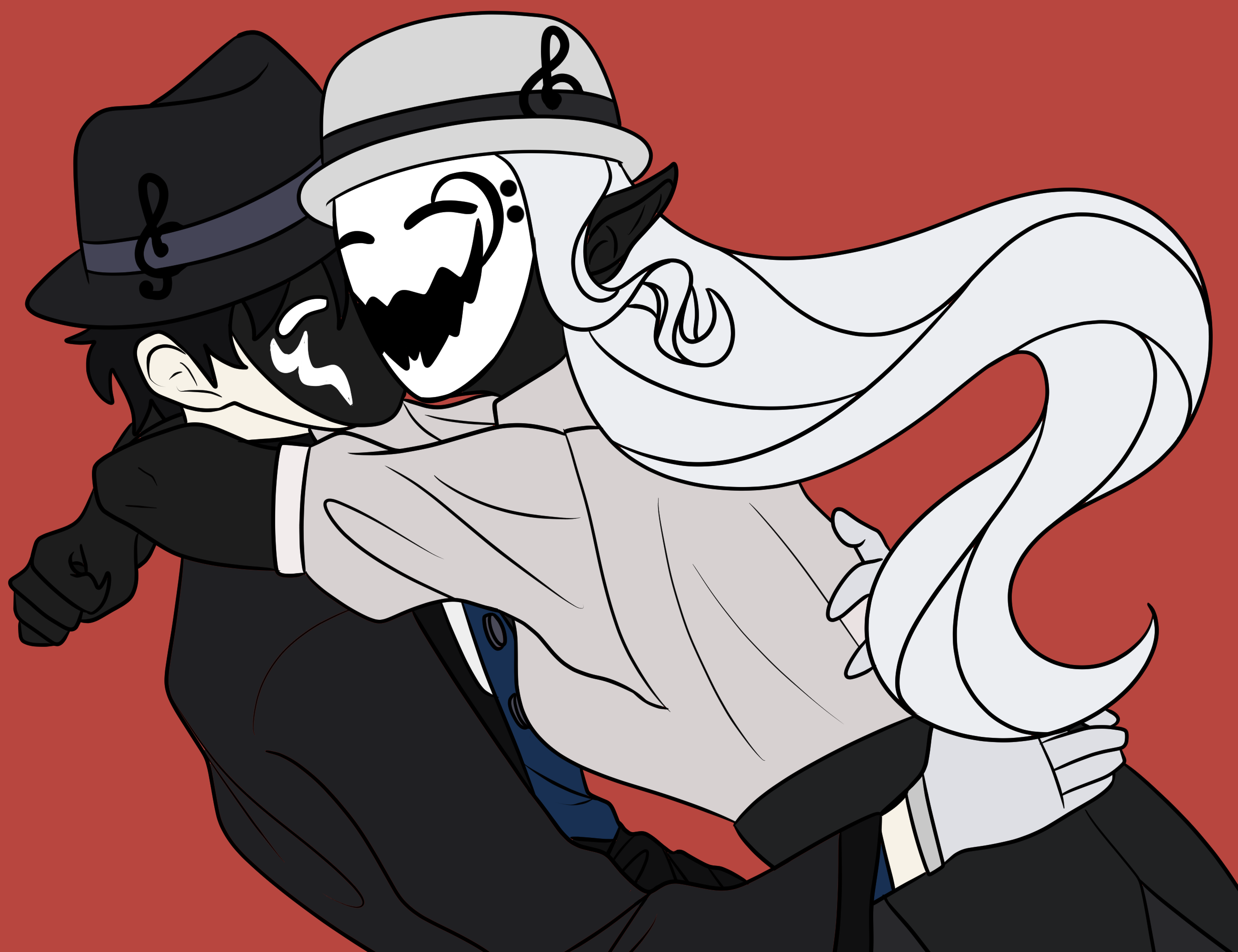a black and white image of two of Dracnic's charaters with a red background, created by Dracnic.